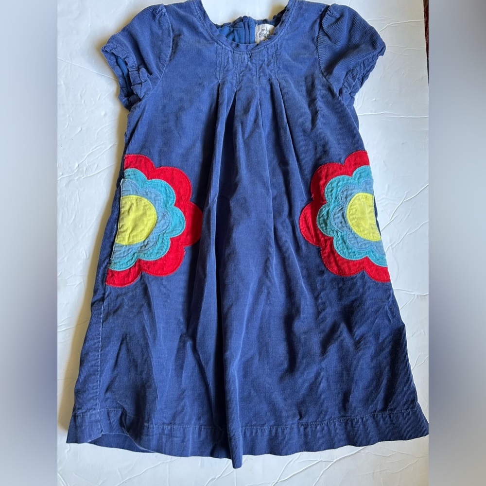 Boden Blue Corduroy Dress with Red and Yellow Floral Design & Pockets